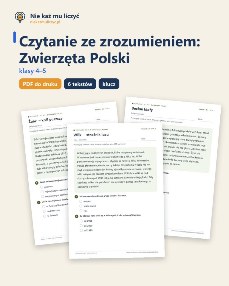 Czytanie ze zrozumieniem kl. 4–5: Zwierzęta Polski, 6 tekstów PDF — okładka