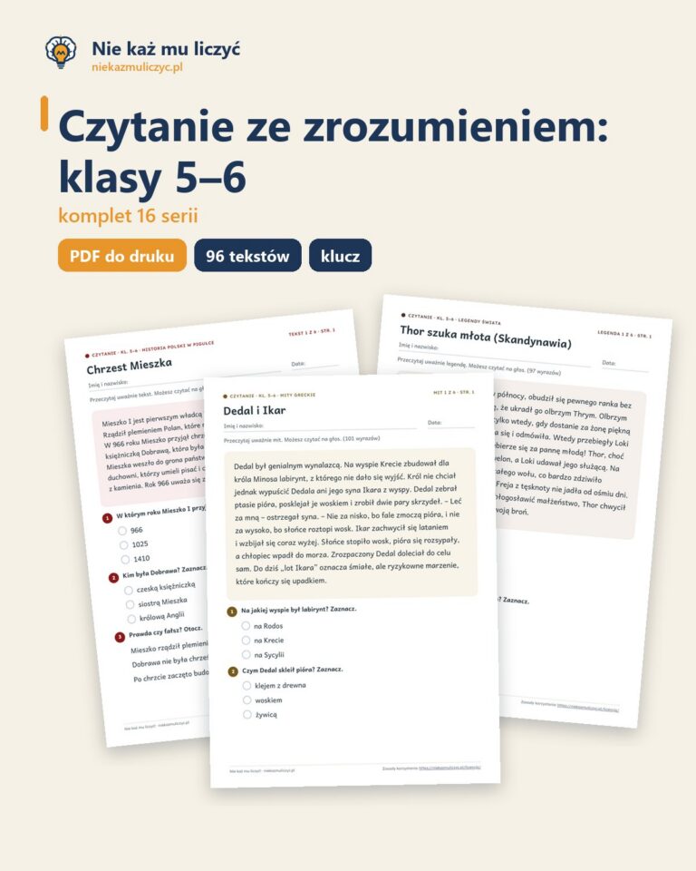 Czytanie ze zrozumieniem, klasy 5–6 — komplet 16 serii PDF z kluczem — okładka