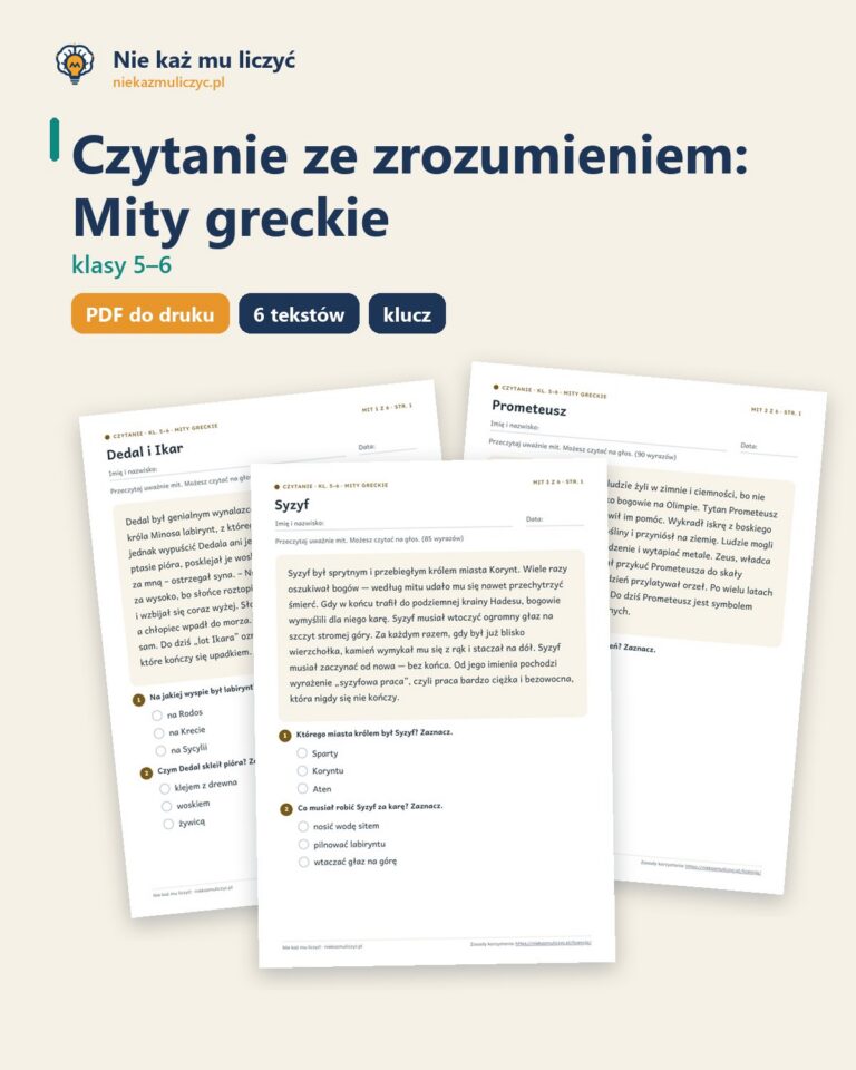 Czytanie ze zrozumieniem kl. 5–6: Mity greckie, 6 tekstów PDF — okładka