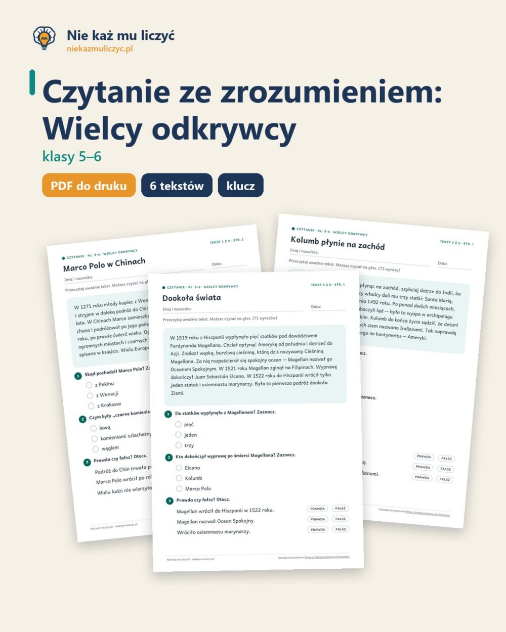 Czytanie ze zrozumieniem kl. 5–6: Wielcy odkrywcy, 6 tekstów PDF — okładka