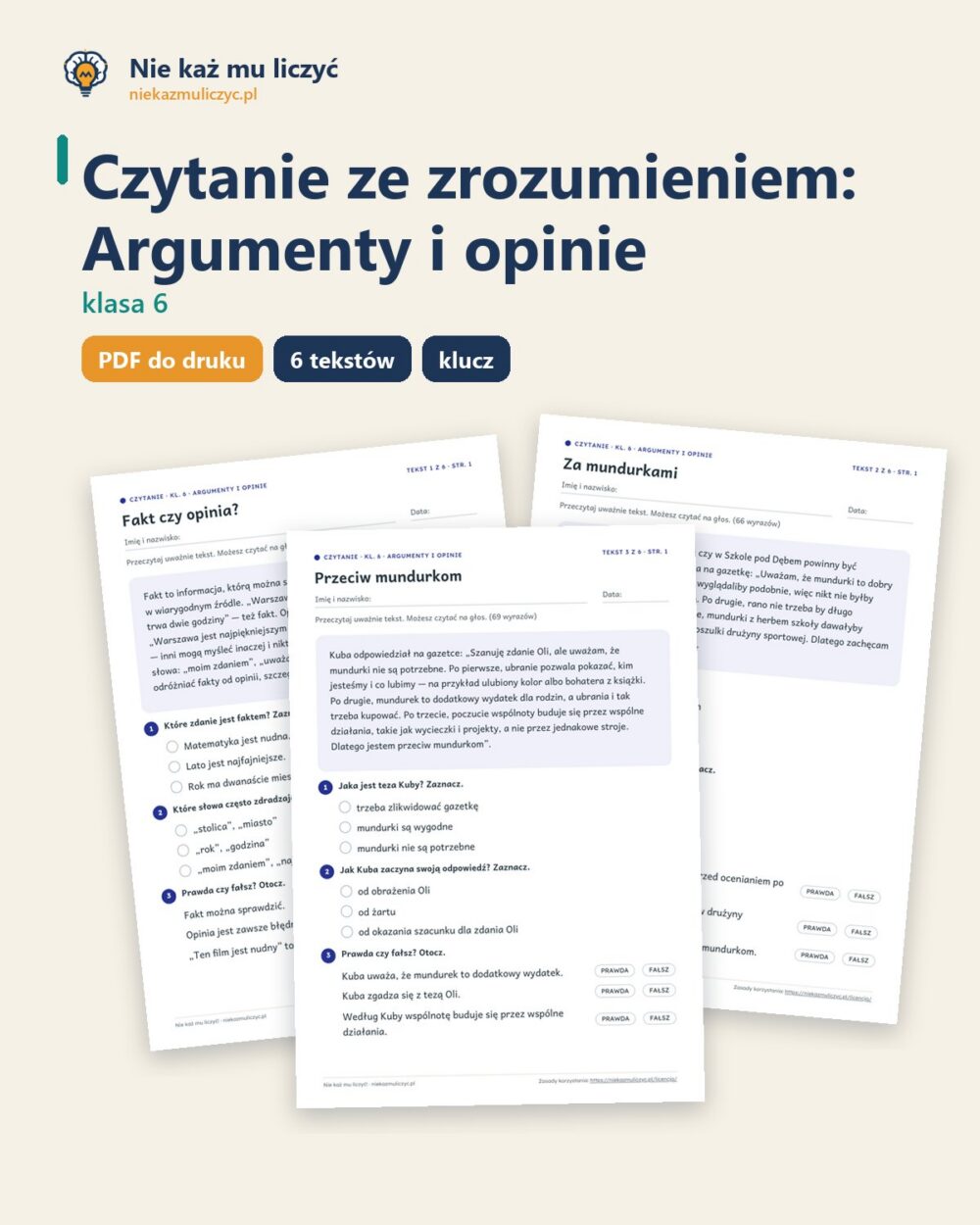 Czytanie ze zrozumieniem kl. 6: Argumenty i opinie, 6 tekstów PDF — okładka