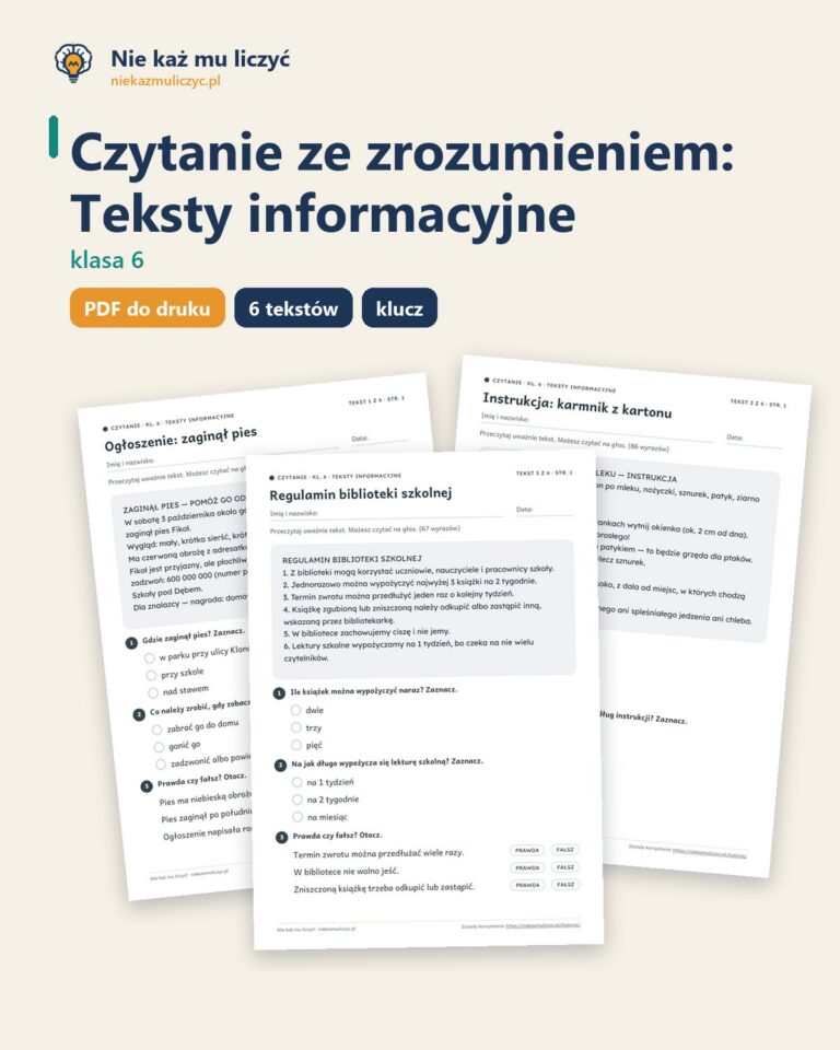 Czytanie ze zrozumieniem kl. 6: Teksty informacyjne, 6 tekstów PDF — okładka