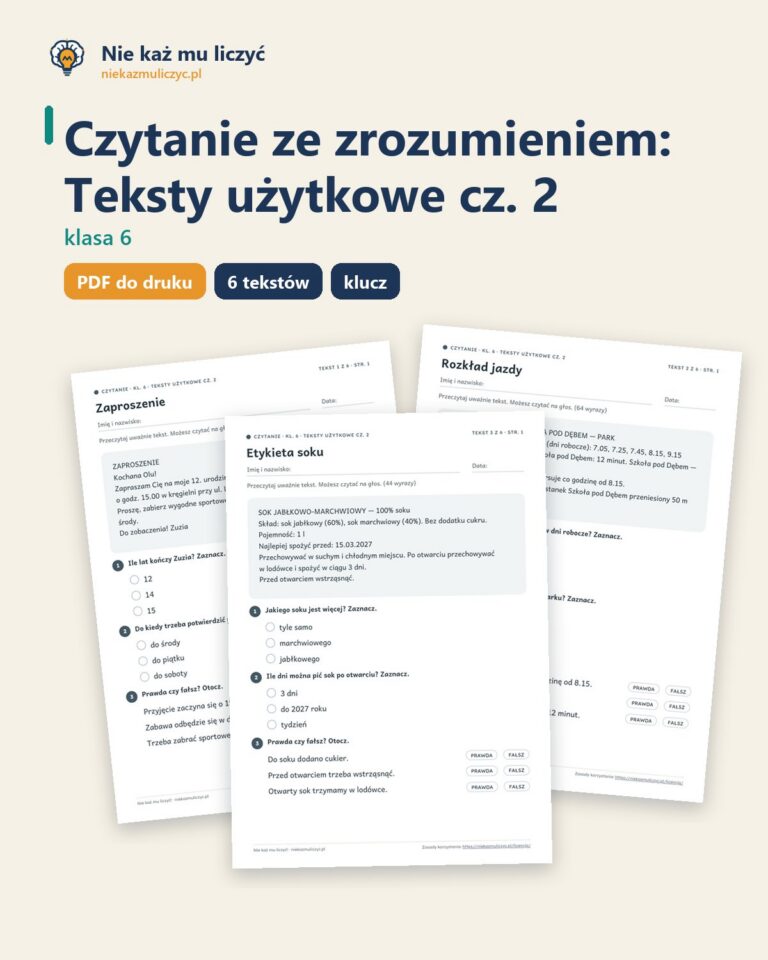 Czytanie ze zrozumieniem kl. 6: Teksty użytkowe cz. 2, 6 tekstów PDF — okładka