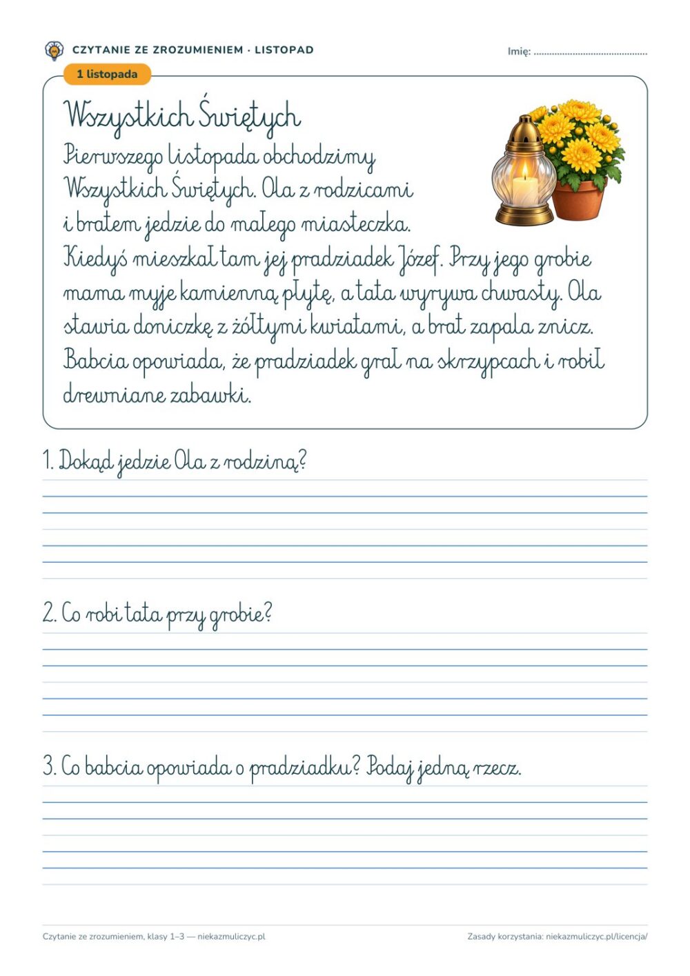 Czytanie ze zrozumieniem, listopad, klasy 1–3 — 10 kart z kluczem — okładka