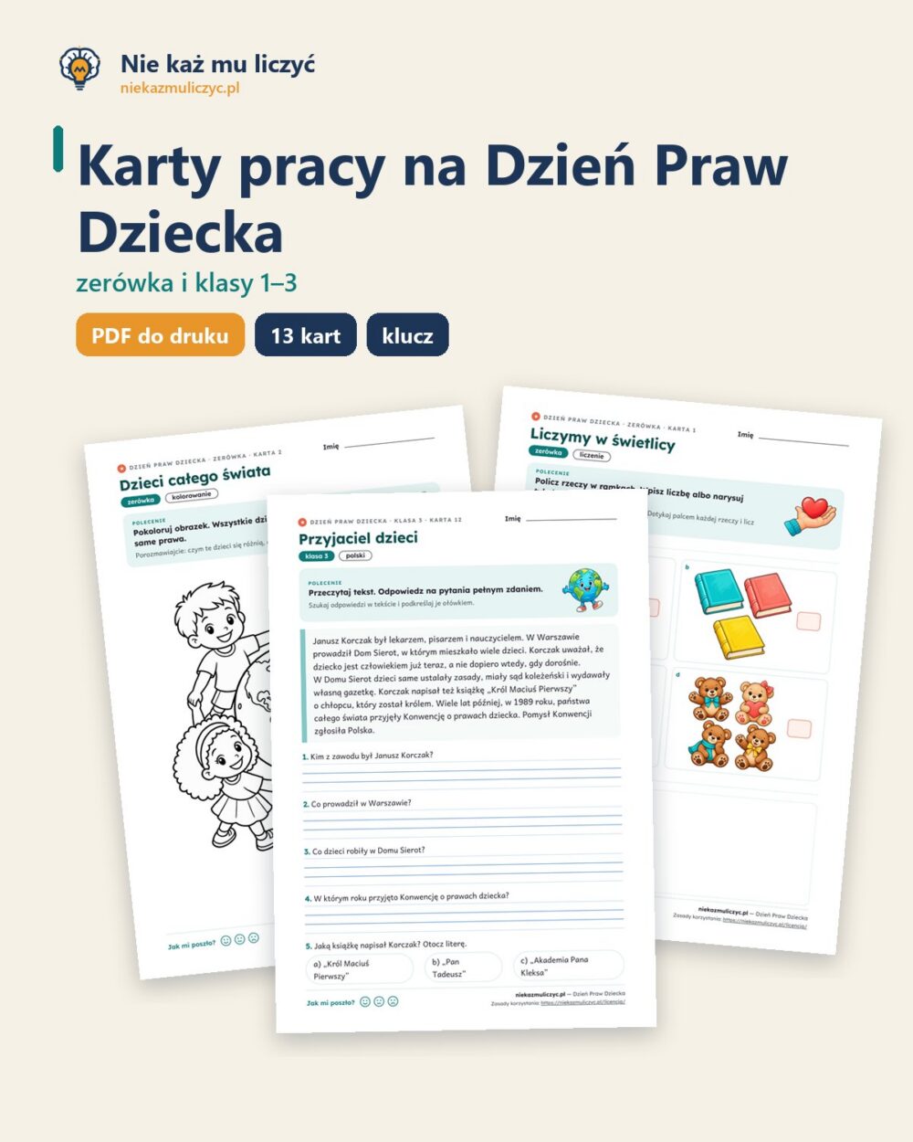 Dzień Praw Dziecka — 13 kart pracy PDF z kluczem (zerówka i klasy 1–3) — okładka