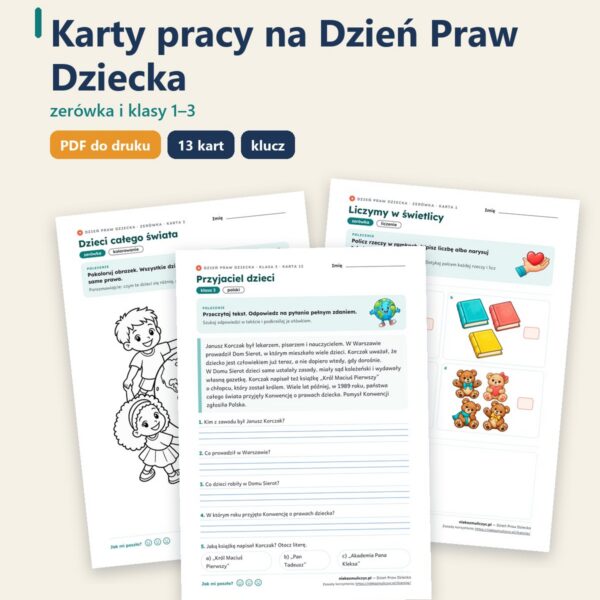 Okładka: Dzień Praw Dziecka — 13 kart pracy PDF z kluczem (zerówka i klasy 1–3)