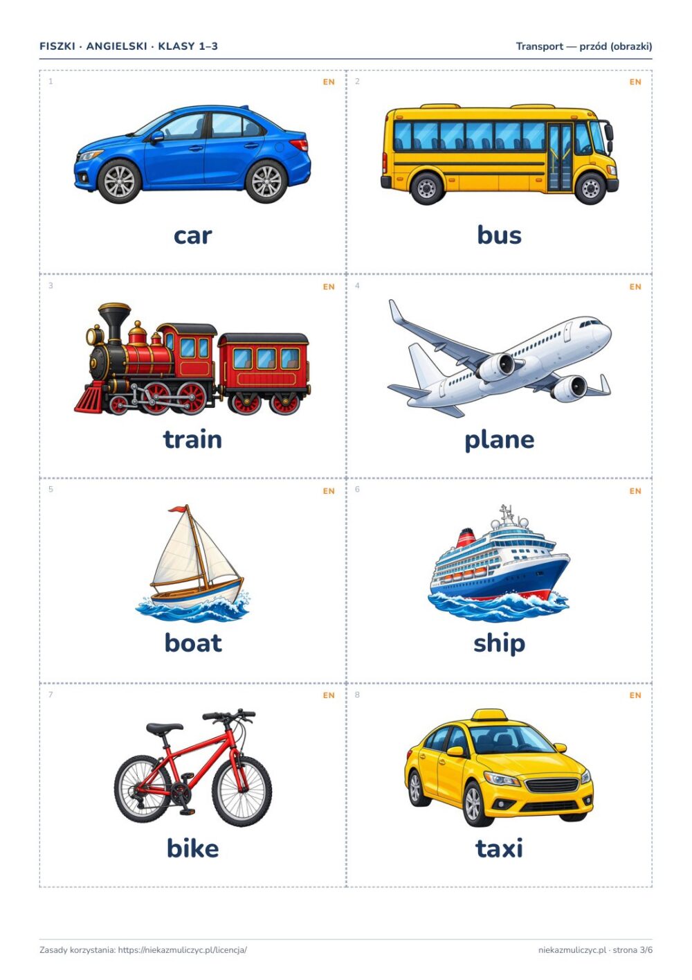 Fiszki do angielskiego: transport, klasy 1–3 — 16 fiszek PDF — okładka