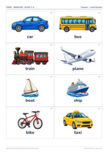 Fiszki do angielskiego: transport, klasy 1–3 — 16 fiszek PDF — okładka