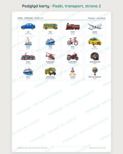 Fiszki do angielskiego: transport, klasy 1–3 — 16 fiszek PDF — podgląd karty, strona 2