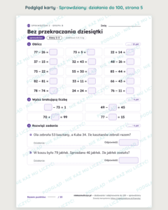 Dodawanie i odejmowanie do 100 — 6 sprawdzianów (grupy A i B) PDF z kluczem — podgląd karty, strona 5