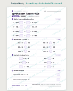 Dodawanie i odejmowanie do 100 — 6 sprawdzianów (grupy A i B) PDF z kluczem — podgląd karty, strona 9