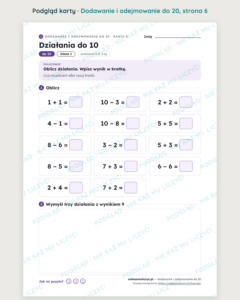 Dodawanie i odejmowanie do 20 krok po kroku, klasa 1 — 16 kart PDF z kluczem — podgląd karty, strona 6