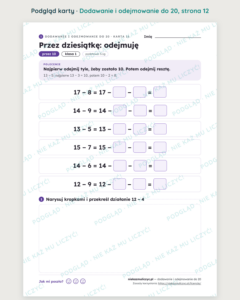 Dodawanie i odejmowanie do 20 krok po kroku, klasa 1 — 16 kart PDF z kluczem — podgląd karty, strona 12