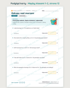Między klasami 1→2 — wakacyjne powtórki: 16 kart PDF z kluczem — podgląd karty, strona 12