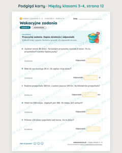 Między klasami 3→4 — wakacyjne powtórki: 16 kart PDF z kluczem — podgląd karty, strona 12