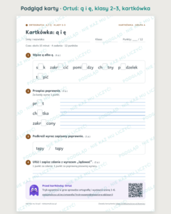 Ortografia z Ortusiem: ą i ę — karty pracy i kartkówki, klasy 2–3 — podgląd karty, kartkówka