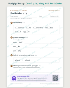Ortografia z Ortusiem: ą i ę — karty pracy i kartkówki, klasy 4–5 — podgląd karty, kartkówka