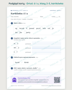 Ortografia z Ortusiem: ó i u — karty pracy i kartkówki, klasy 2–3 — podgląd karty, kartkówka
