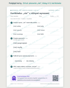 Ortografia z Ortusiem: pisownia „nie” — karty pracy i kartkówki, klasy 4–5 — podgląd karty, kartkówka