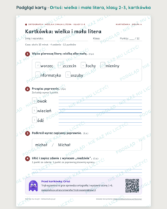 Ortografia z Ortusiem: wielka i mała litera — karty pracy i kartkówki, klasy 2–3 — podgląd karty, kartkówka