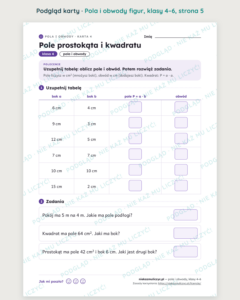 Pola i obwody figur, klasy 4–6 — 12 kart pracy PDF z kluczem — podgląd karty, strona 5