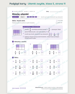 Ułamki zwykłe, klasa 5 — 14 kart pracy PDF z kluczem — podgląd karty, strona 11