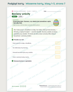 Wiosna i Wielkanoc, klasy 1–3 — 20 kart pracy PDF z kluczem — podgląd karty, strona 7