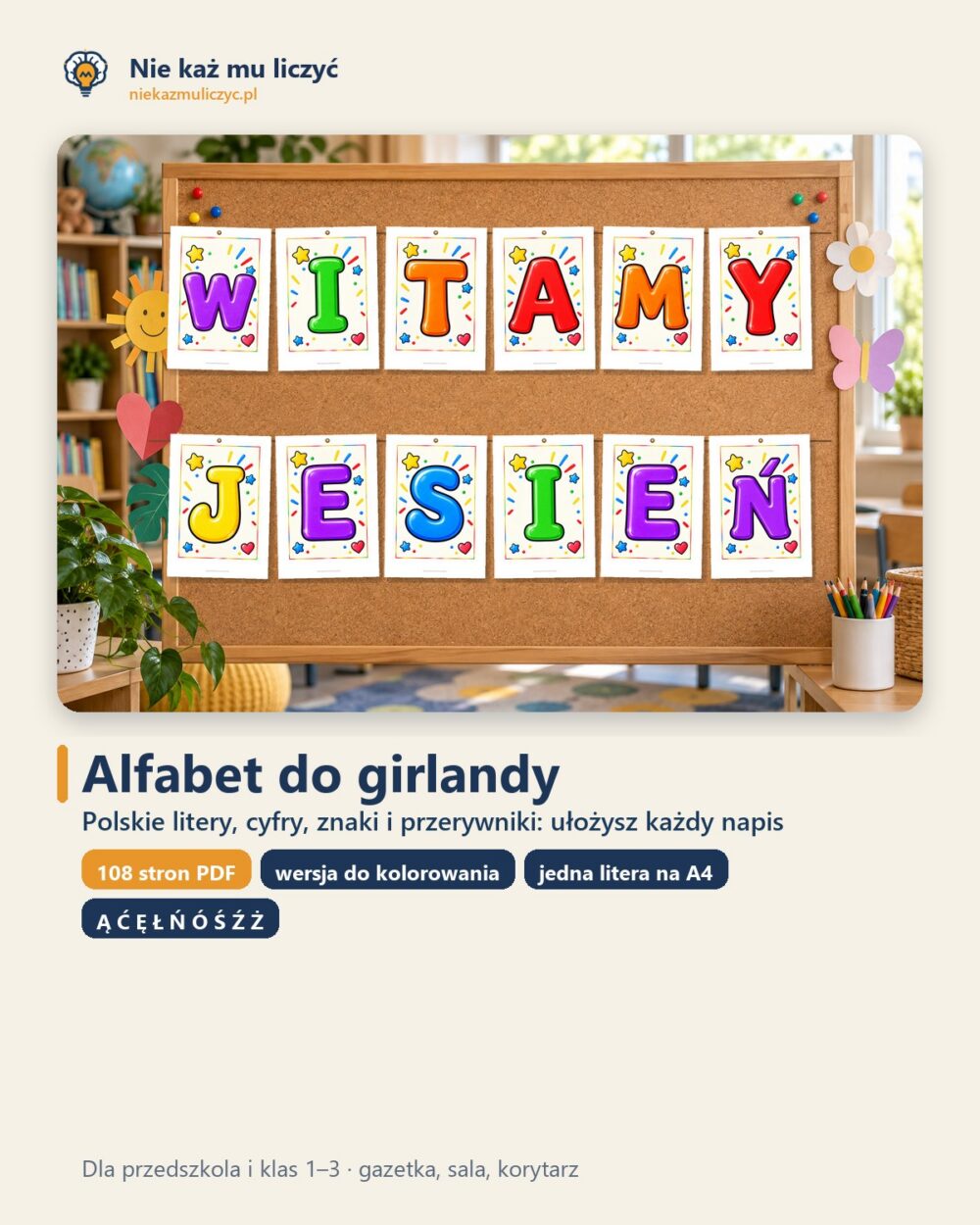 Alfabet do girlandy — litery z polskimi znakami i cyfry, A4 PDF — okładka