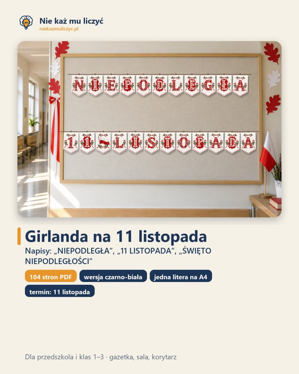 Girlanda na 11 listopada do druku — biało-czerwone litery A4 — okładka