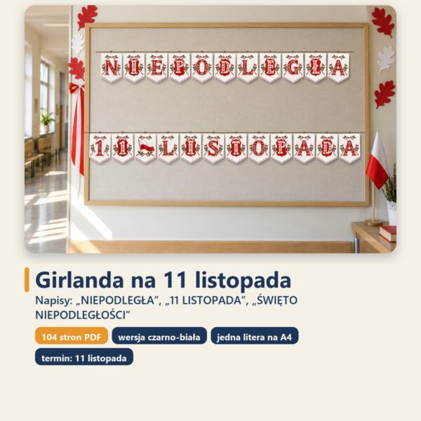 Okładka: Girlanda na 11 listopada do druku — biało-czerwone litery A4