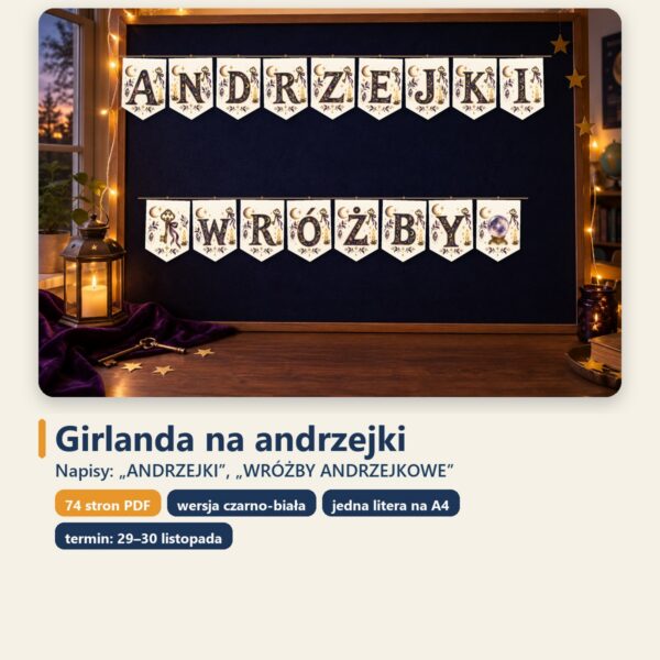 Okładka: Girlanda na andrzejki do druku — 2 napisy i 10 ilustracji, A4