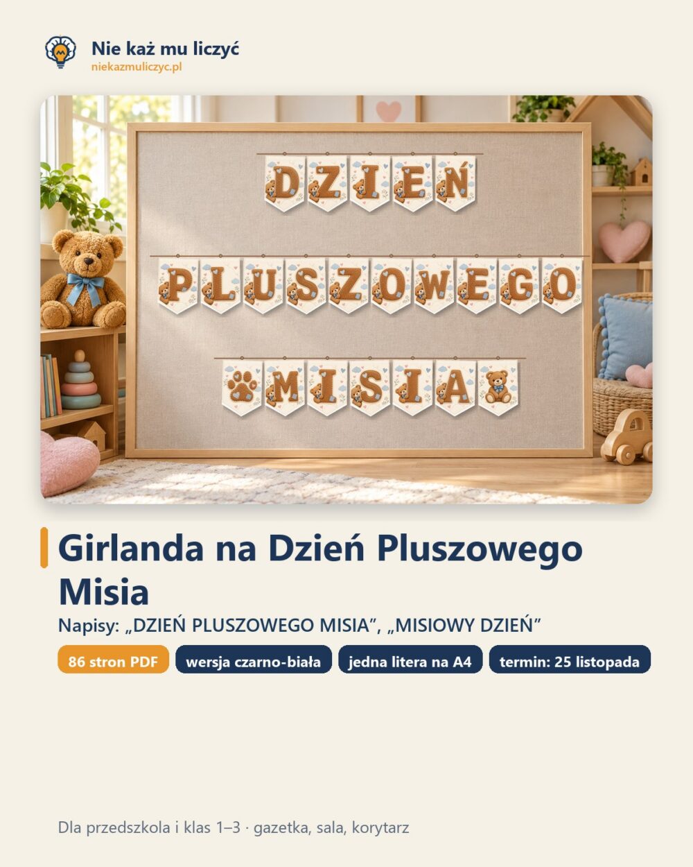 Girlanda na Dzień Pluszowego Misia do druku — litery i misie A4 — okładka