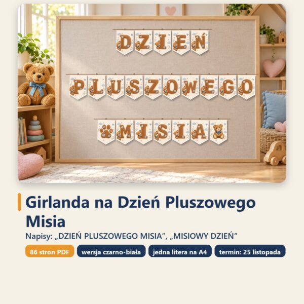 Okładka: Girlanda na Dzień Pluszowego Misia do druku — litery i misie A4