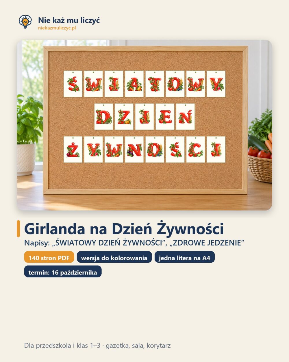 Girlanda na Światowy Dzień Żywności — ZDROWE JEDZENIE, A4 PDF — okładka