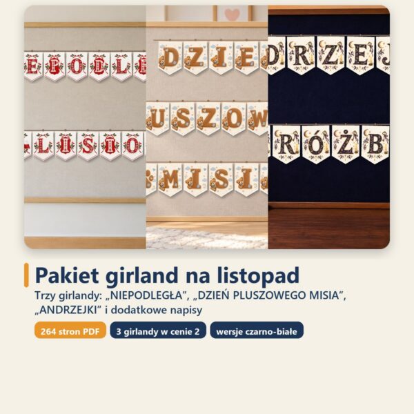 Okładka: Pakiet girland na listopad: 11 listopada, Dzień Misia i andrzejki
