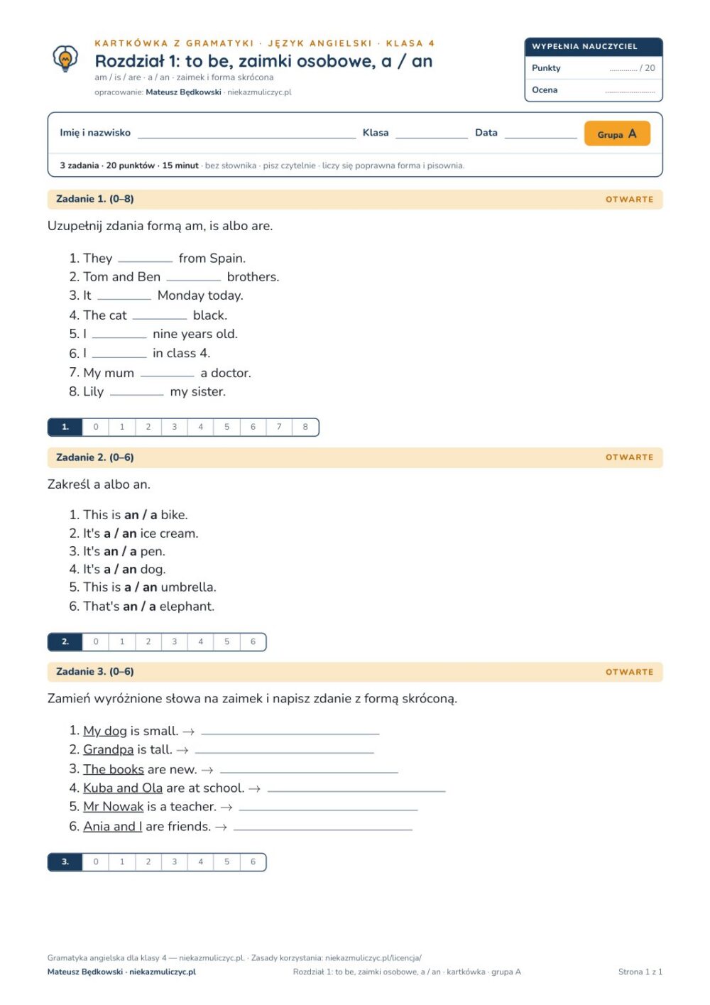 Gramatyka angielska klasa 4 — 9 kartkówek z kluczem, A–E PDF — okładka