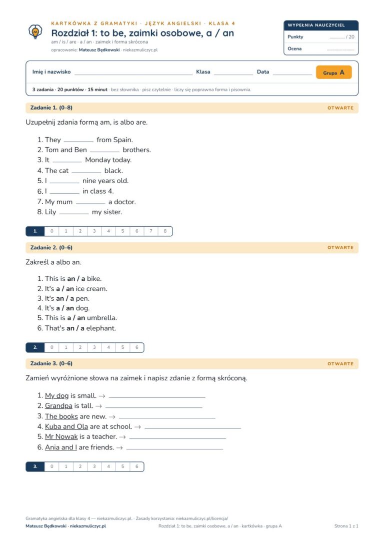 Gramatyka angielska klasa 4 — 9 kartkówek z kluczem, A–E PDF — okładka