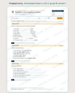 Kartkówka z gramatyki angielski klasa 4 unit 5: can — B–E — podgląd karty, grupa B