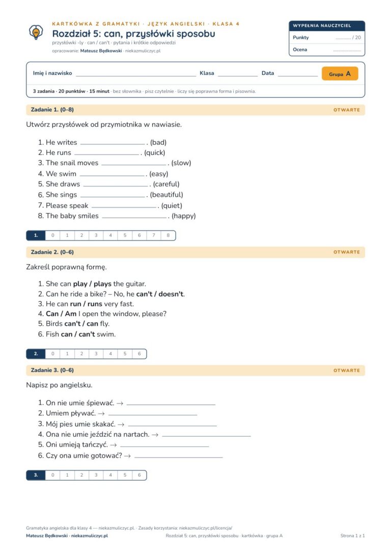 Kartkówka z gramatyki angielski klasa 4 unit 5: can — B–E — okładka