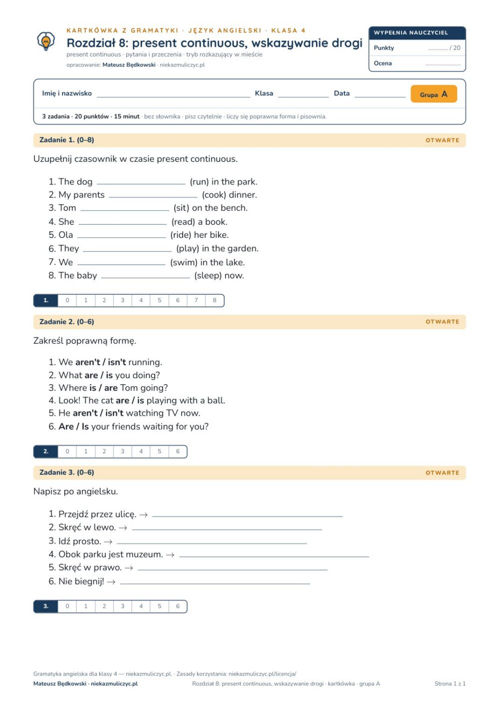 Gramatyka angielski klasa 4 unit 8: present continuous — kartkówka B–E — okładka