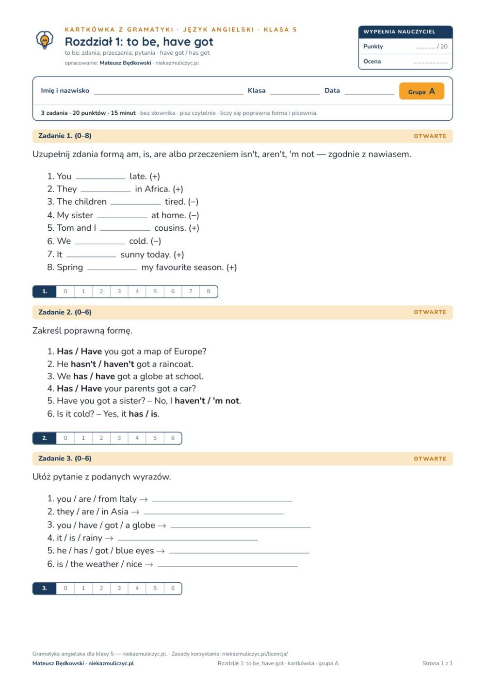 Gramatyka angielska klasa 5 — 9 kartkówek z kluczem, A–E PDF — okładka