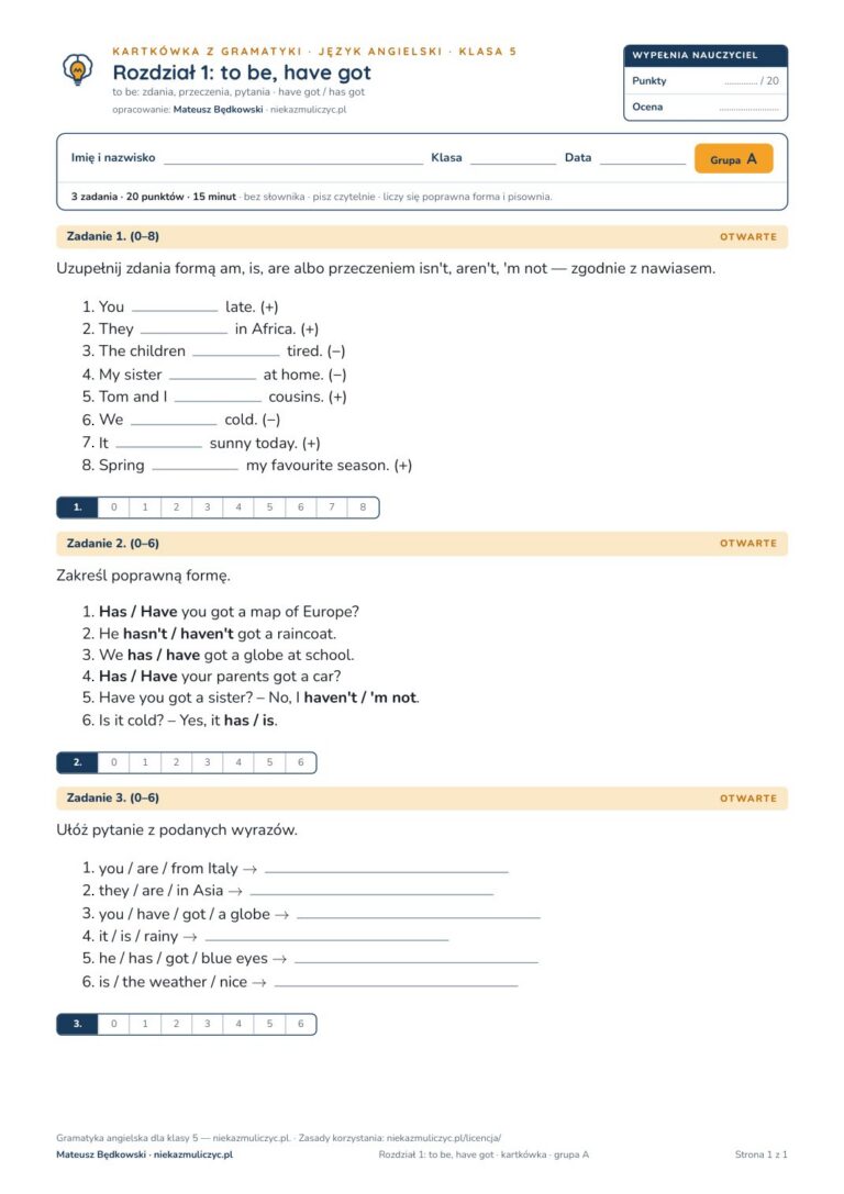 Gramatyka angielska klasa 5 — 9 kartkówek z kluczem, A–E PDF — okładka