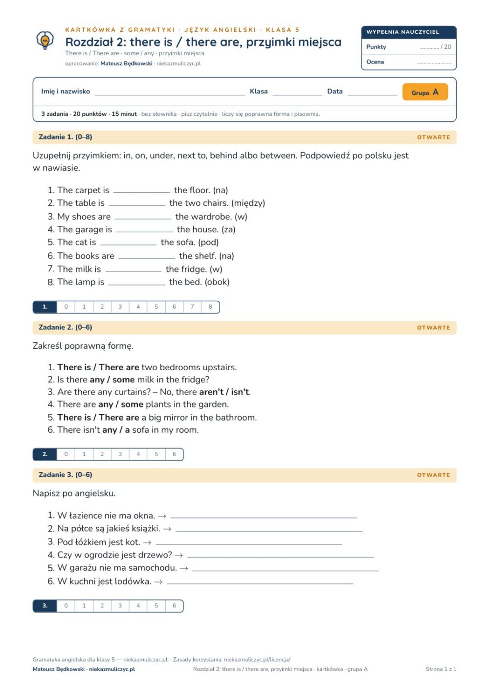 Kartkówka z gramatyki angielski klasa 5 unit 2 — grupy B–E — okładka