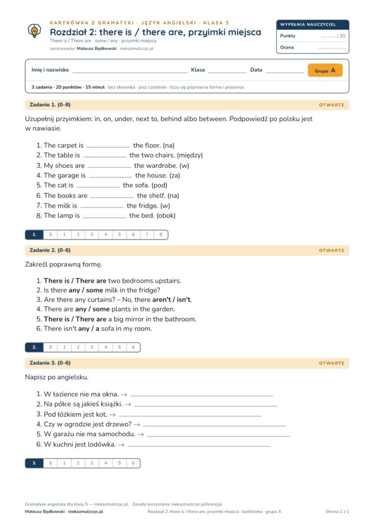 Kartkówka z gramatyki angielski klasa 5 unit 2 — grupy B–E — okładka