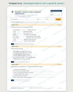Kartkówka z gramatyki angielski klasa 5 unit 4: present simple — B–E — podgląd karty, grupa B