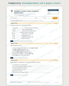 Kartkówka z gramatyki angielski klasa 5 unit 4: present simple — B–E — podgląd karty, grupa C