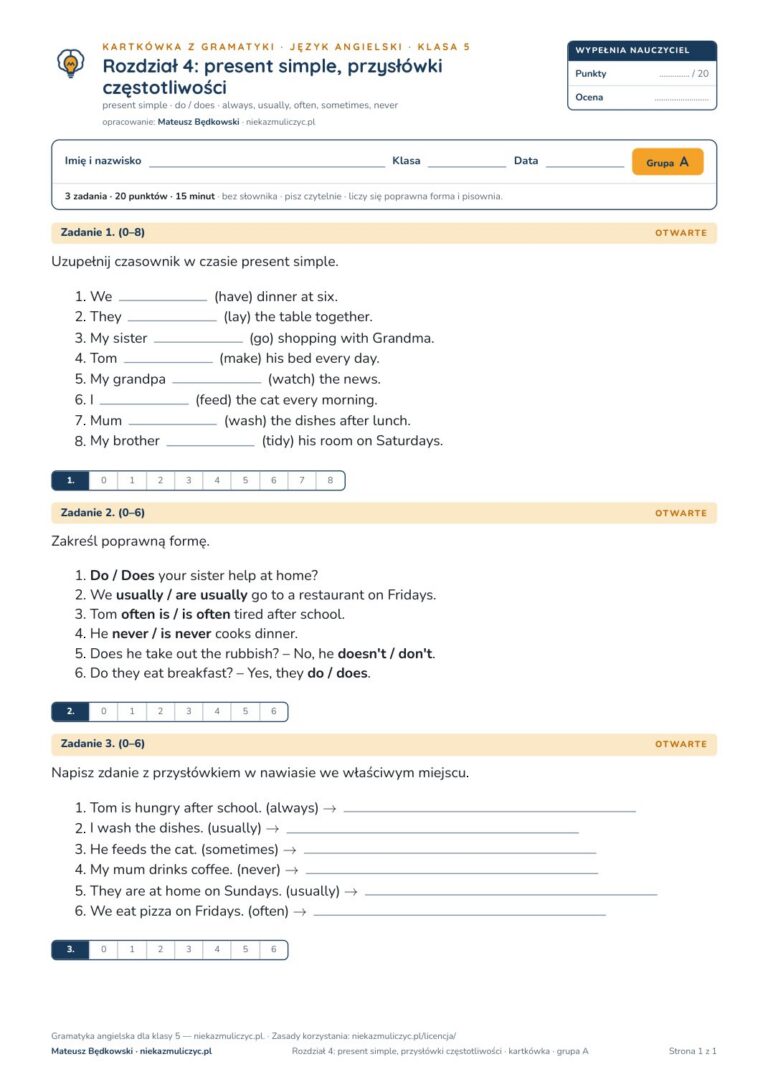 Kartkówka z gramatyki angielski klasa 5 unit 4: present simple — B–E — okładka