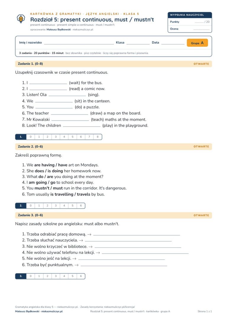 Gramatyka angielski klasa 5 unit 5: present continuous — kartkówka B–E — okładka