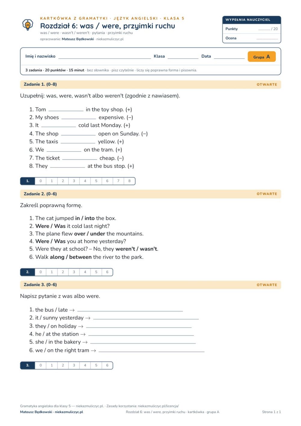 Kartkówka z gramatyki angielski klasa 5 unit 6: was / were — B–E — okładka