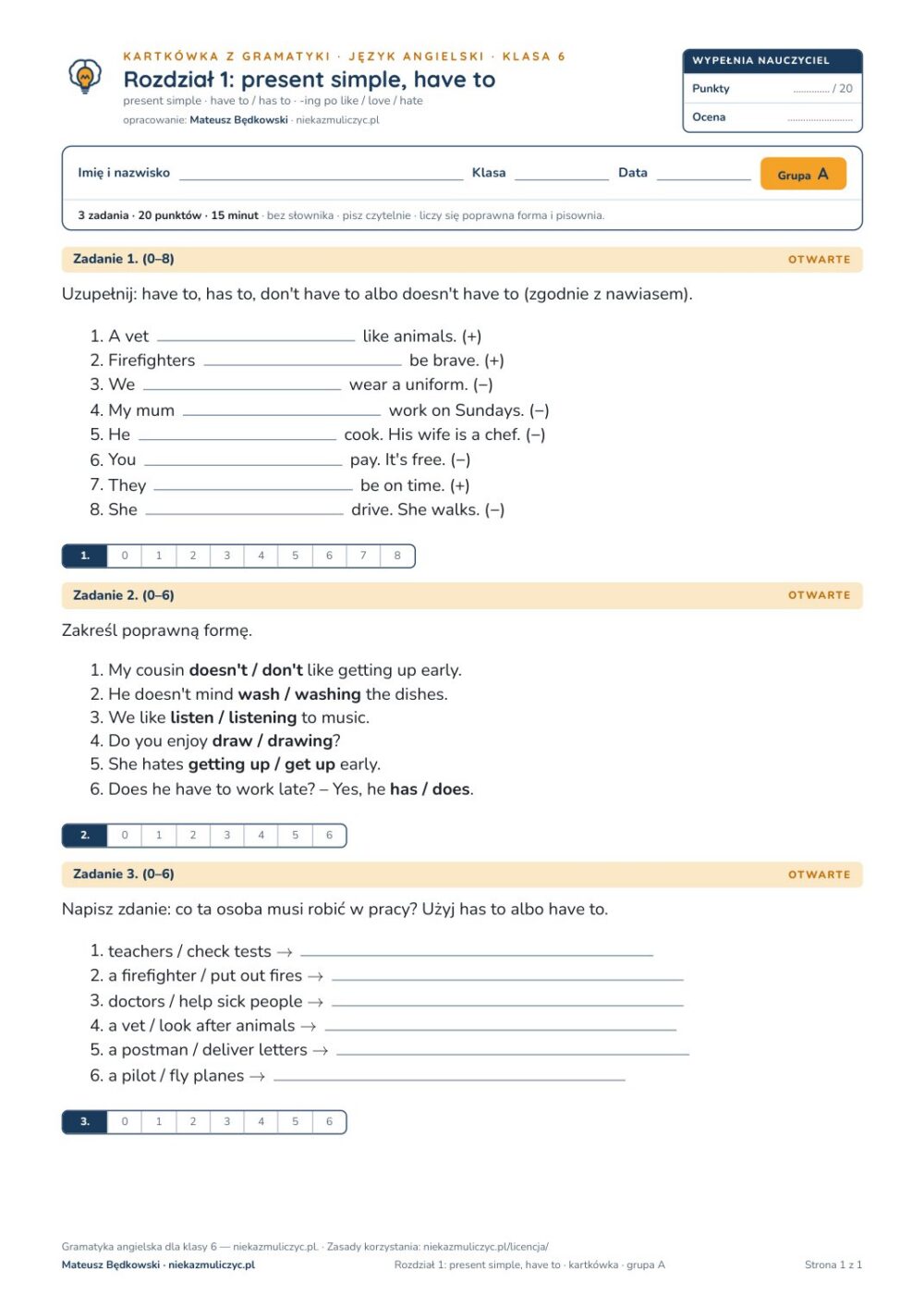 Gramatyka angielska klasa 6 — 9 kartkówek z kluczem, A–E PDF — okładka